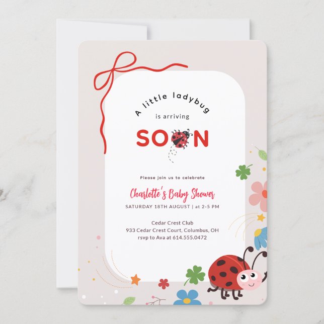 Little Ladybug Red Bow Floral Baby Shower Invitation (Front)