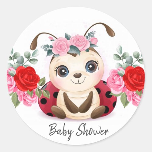Little Ladybug Red Pink Floral Girl Baby Shower Classic Round Sticker