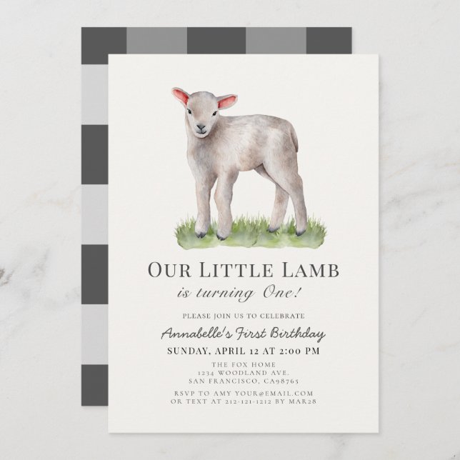 Little Lamb 1st Birthday Invitation (Front/Back)