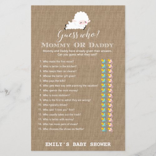 Little Lamb Baby Shower Game PRINTED