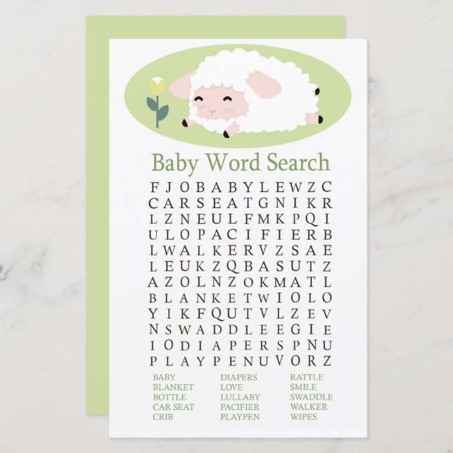 Little lamb Baby Shower Word Search Game (Front/Back)