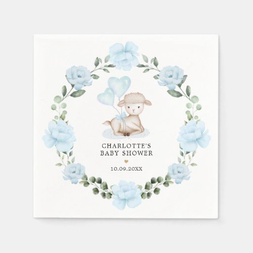 Little Lamb Blue Floral Greenery Baby Shower Napkins