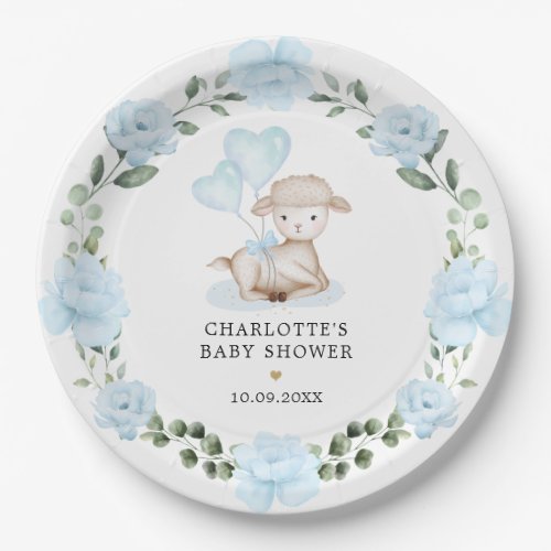 Little Lamb Blue Floral Greenery Baby Shower Paper Plates