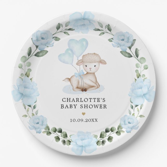 Little Lamb Blue Floral Greenery Baby Shower Paper Plates (Front)