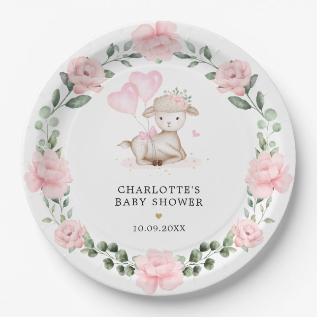 Little Lamb Blush Pink Floral Greenery Baby Girl Paper Plates (Front)