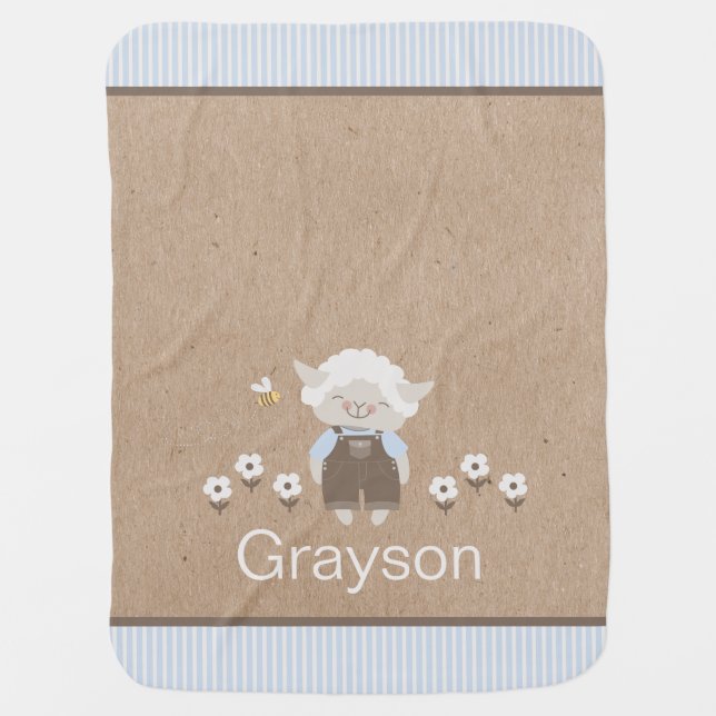 Little Lamb Cute Blue Rustic Boy Baby Blanket (Front)