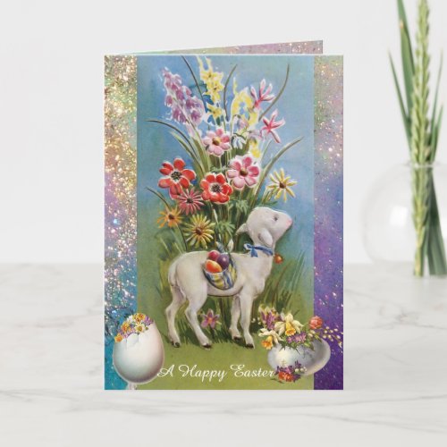 LITTLE LAMBEASTER EGGS AND COLORFUL FLOWERS HOLIDAY CARD