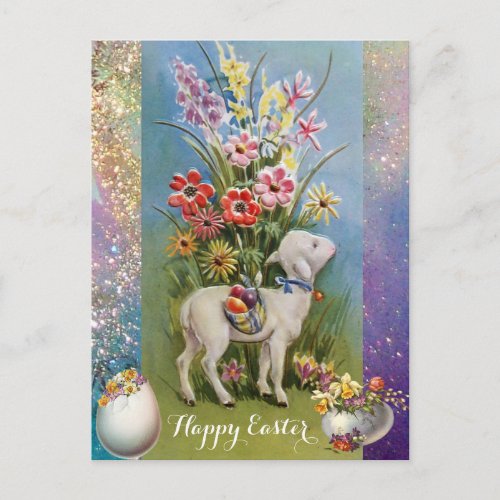 LITTLE LAMBEASTER EGGS AND COLORFUL FLOWERS HOLIDAY POSTCARD