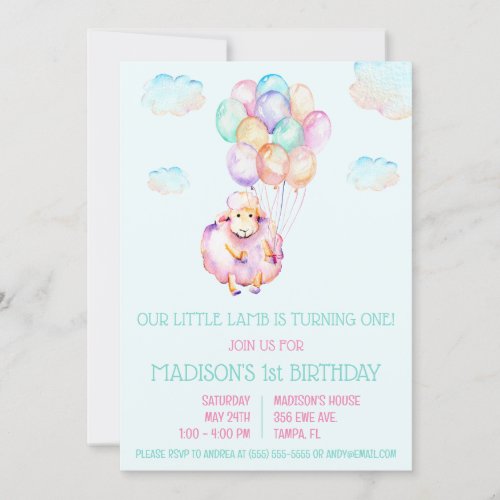 Little Lamb First Birthday Party Invitation