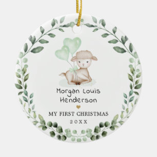 Little Lamb Greenery Wreath Baby First Christmas Ceramic Ornament