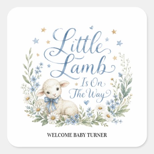 Little Lamb Is On The Way, Personalized Blue Water Square Sticker