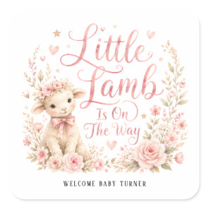 Little Lamb Is On The Way, Pink Floral Baby Shower Square Sticker