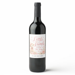Little Lamb Is On The Way, Pink Floral Baby Shower Wine Label