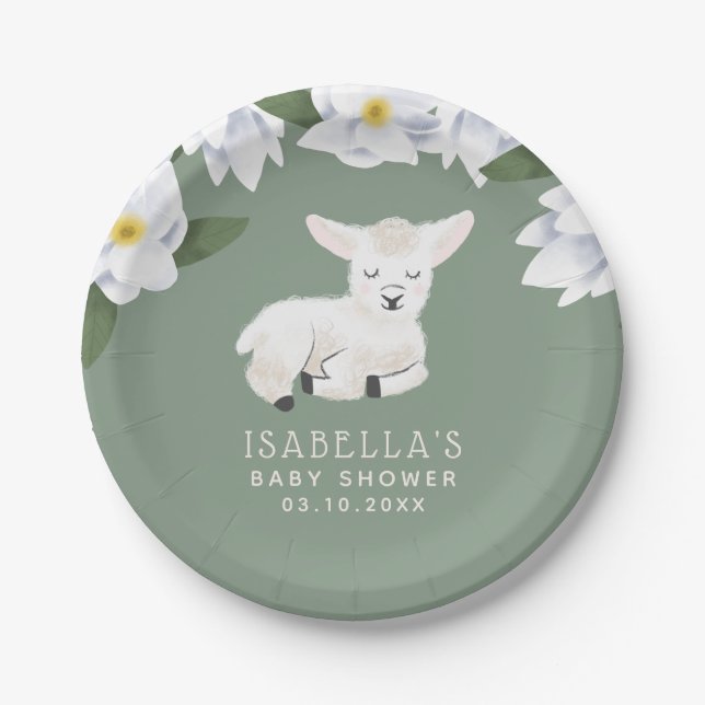 Little Lamb Magnolia Flowers Baby Shower Paper Plates (Front)
