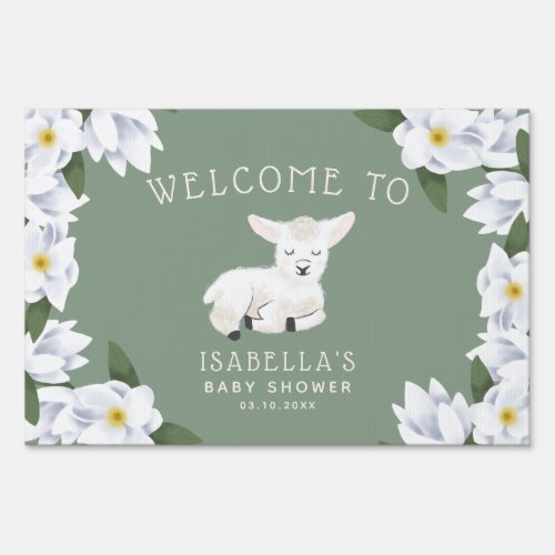Little Lamb Magnolia Flowers Baby Shower Sign