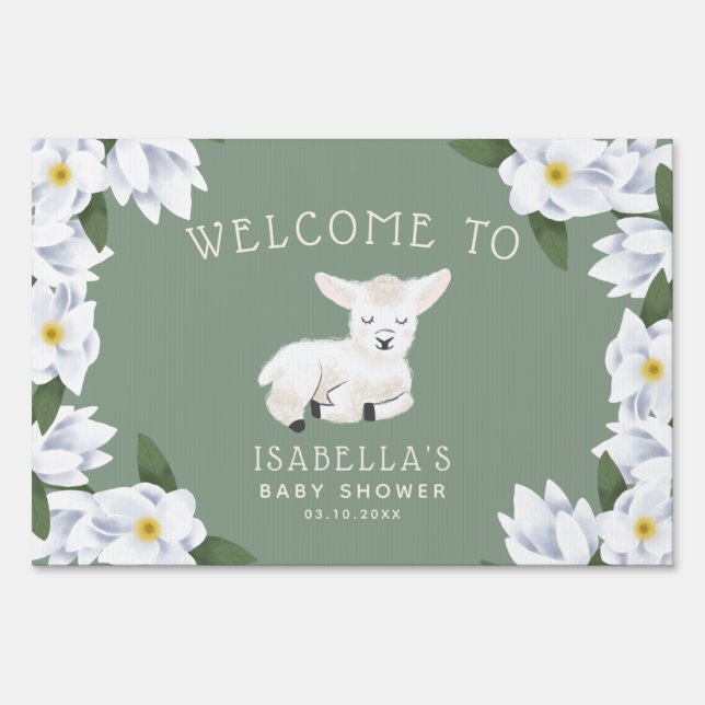 Little Lamb Magnolia Flowers Baby Shower Sign (Front)