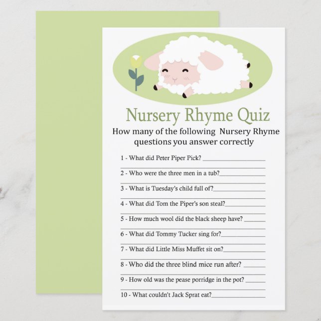 Little lamb Nursery Rhyme Quiz baby shower game (Front/Back)