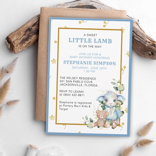 Little Lamb on the Way  Blue Baby Shower Invite