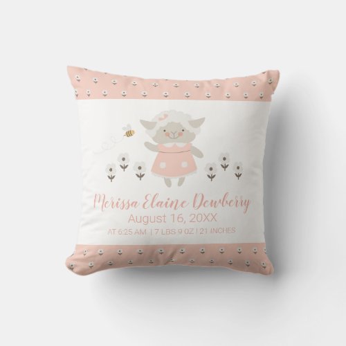 Little Lamb Pink Cute Girl Birth Stats Nursery Throw Pillow