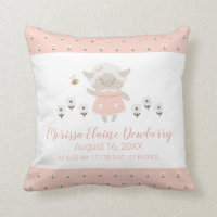 Little Lamb Pink Cute Girl Birth Stats Nursery Throw Pillow