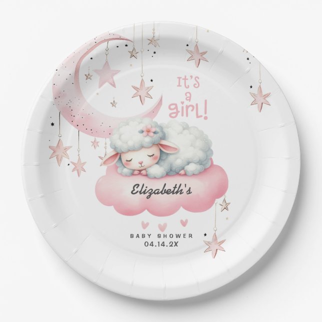 Little Lamb Pink Girl Baby Shower Paper Plates (Front)