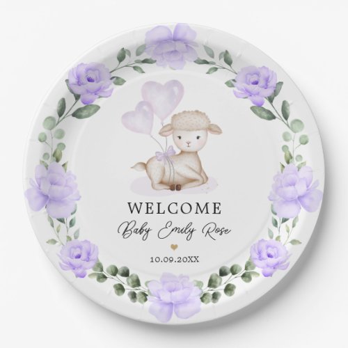 Little Lamb Purple Floral Greenery Welcome Baby  Paper Plates