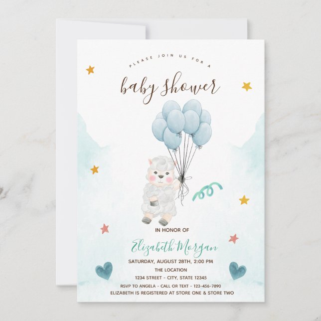 Little Lamb Sheep Blue Baby Shower  Invitation (Front)