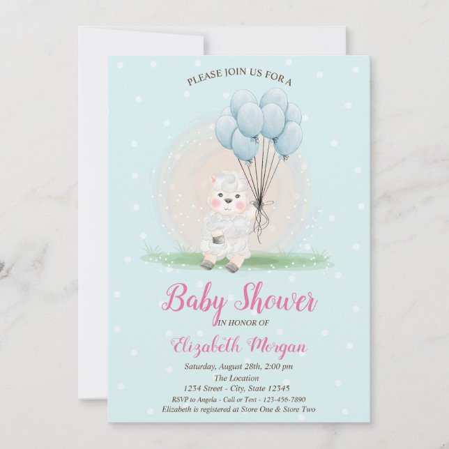 Little Lamb Sheep Blue Dots Baby Shower Invitation (Front)