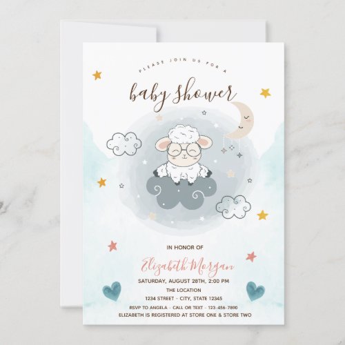 Little Lamb Sheep Cloud Moon Stars Baby Shower  Invitation