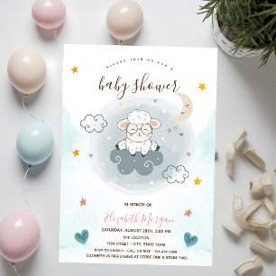 Little Lamb Sheep Cloud Moon Stars Baby Shower  Invitation