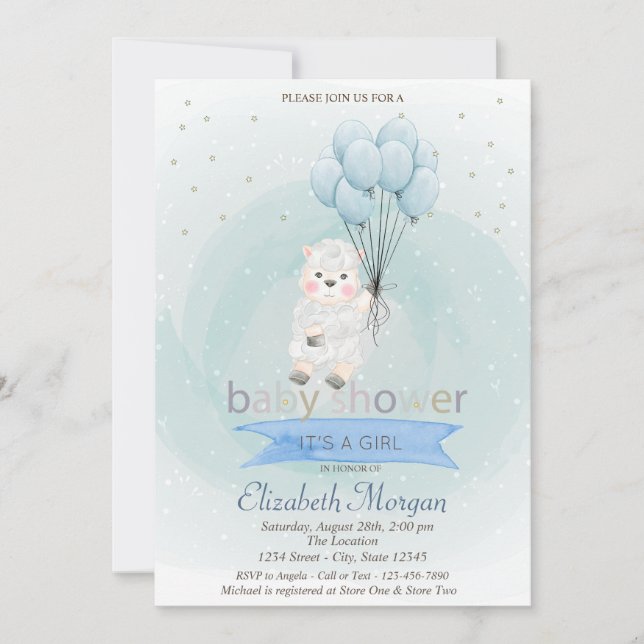 Little Lamb Sheep Stars Balloons Blue Baby Shower  Invitation (Front)