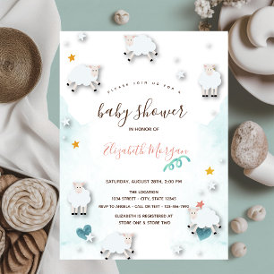 Little Lamb Sheeps Cloud Stars Baby Shower  Invitation