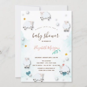 Little Lamb Sheeps Cloud Stars Baby Shower Invitation