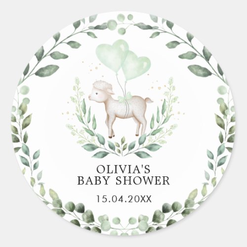 Little Lamb Spring Greenery Baby Sheep Shower Classic Round Sticker