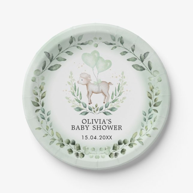 Little Lamb Spring Greenery Baby Sheep Shower Paper Plates (Front)