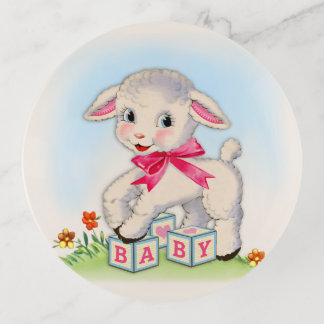 Little Lamb with pink ribbon gift for baby girl Trinket Tray