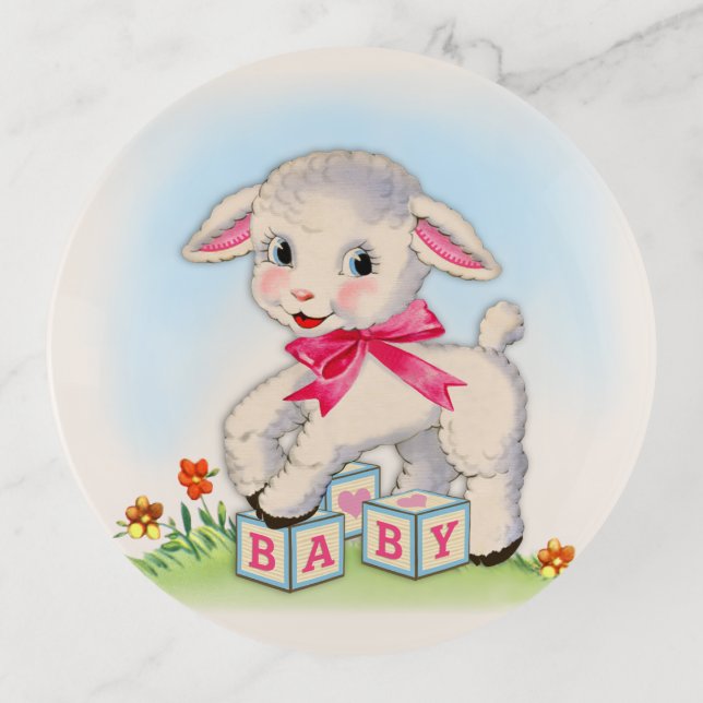  Little Lamb with pink ribbon gift for baby girl  Trinket Tray (Front)