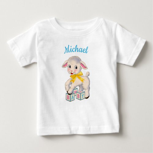 Little Lamb yellow ribbon personalized name  Baby T_Shirt
