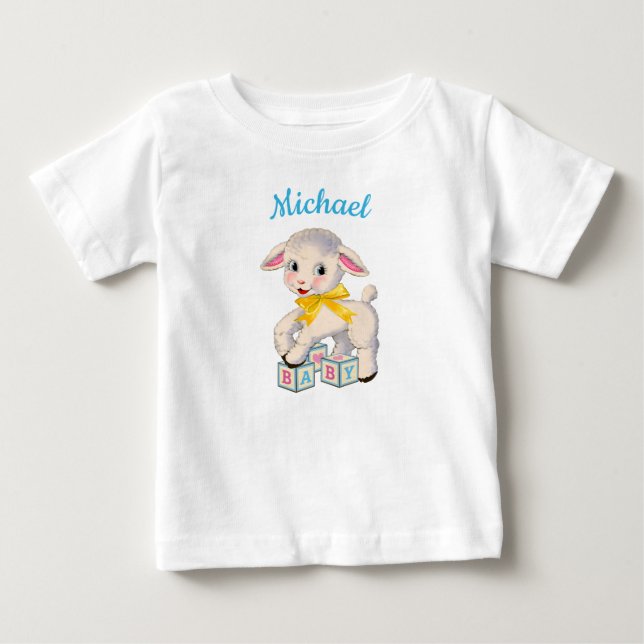 Little Lamb yellow ribbon personalized name  Baby T-Shirt (Front)