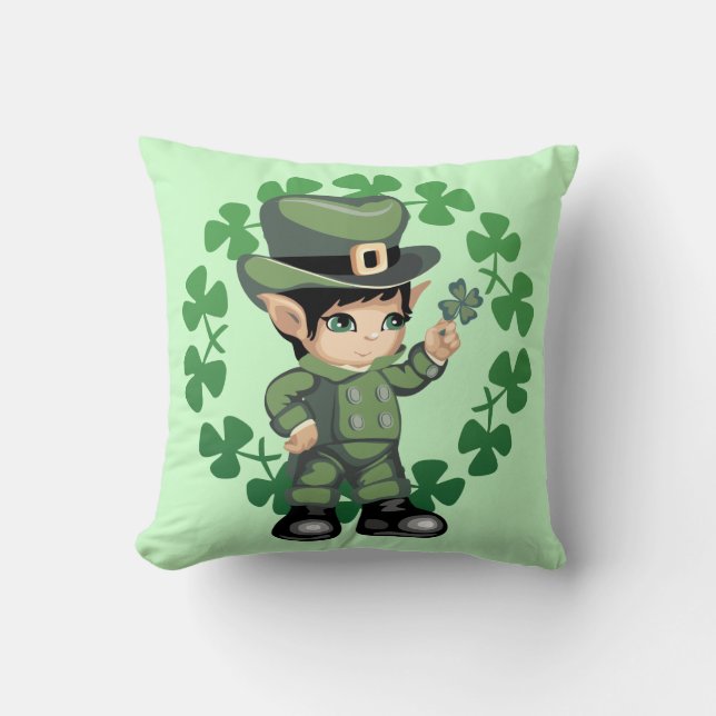 Little Leprechaun with Shamrocks Throw Pillow (Front)