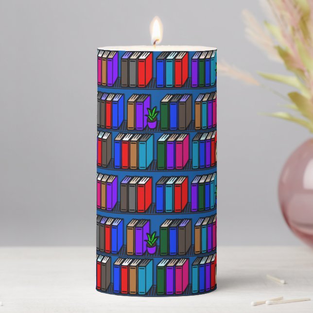 Little Library Book Shelves Teal Pillar Candle (In Situ)