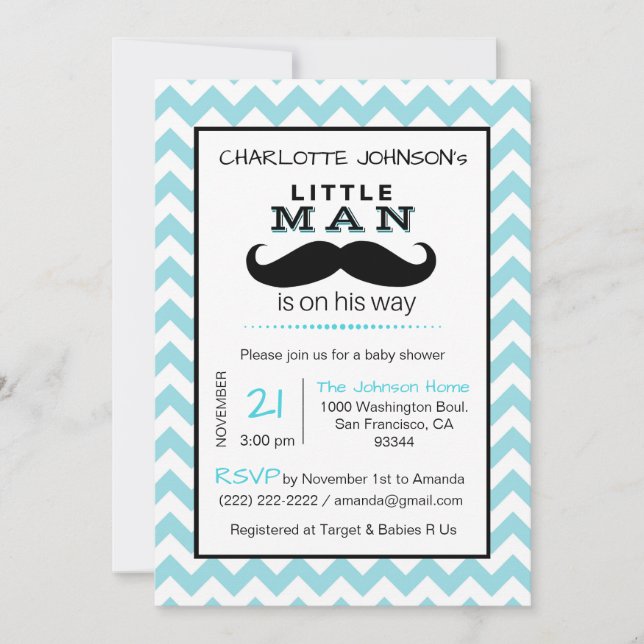 Little Lil' Man Mustache Boy Blue Baby Shower Invitation (Front)