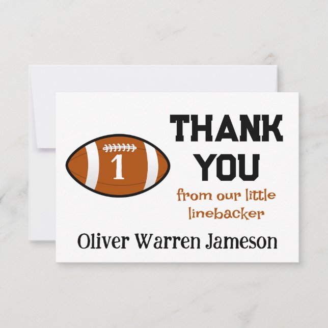 Little Linebacker Football Baby Boy's 1st Birthday Thank You Card (Front)