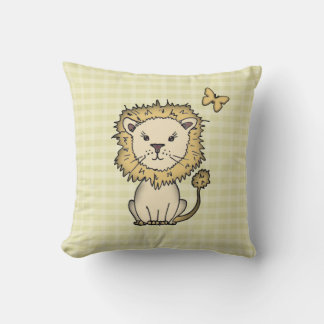 Little Lion and Butterfly on Yellow Plaid Throw Pillow