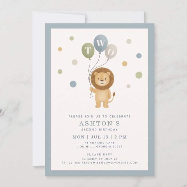 Little Lion & Confetti, blue frame Boy Birthday Invitation (Front)