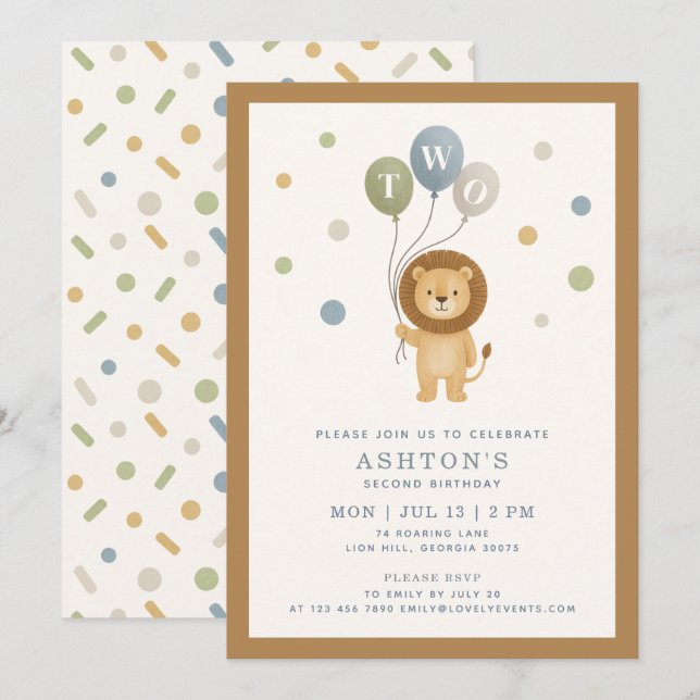 Little Lion & Confetti, brown frame Boy Birthday Invitation (Front/Back)