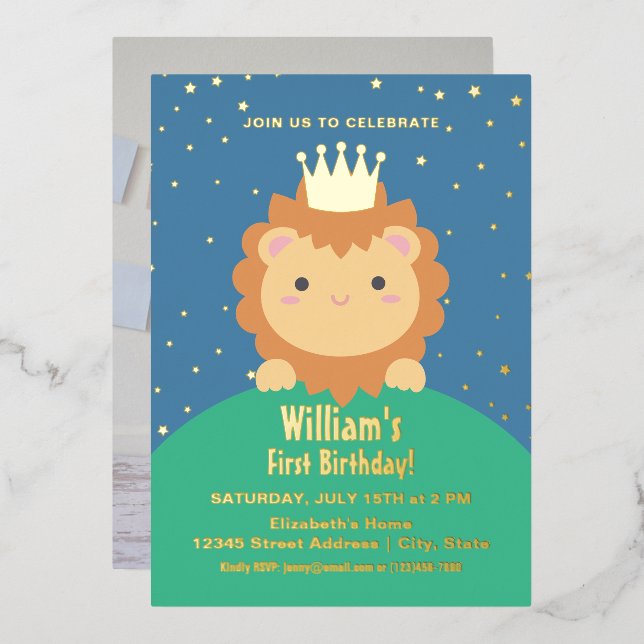Little Lion Cub Baby Boy 1st Birthday Photo Foil Invitation (Front/Back)
