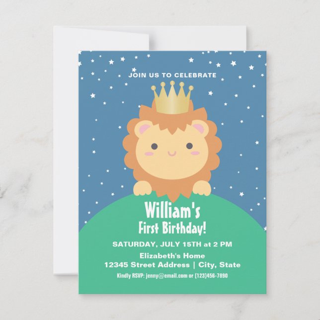 Little Lion Cub with Crown Baby 1st Birthday Photo Invitation (Front)
