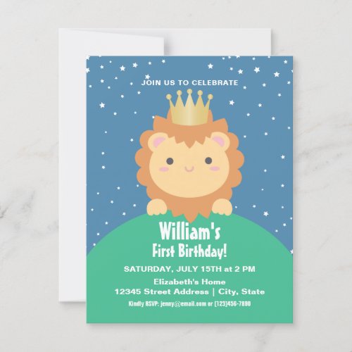 Little Lion Cub with Crown Baby 1st Birthday Photo Invitation