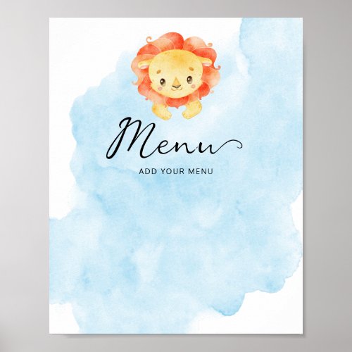 Little Lion Its a Boy Watercolor Blue Menu Poster